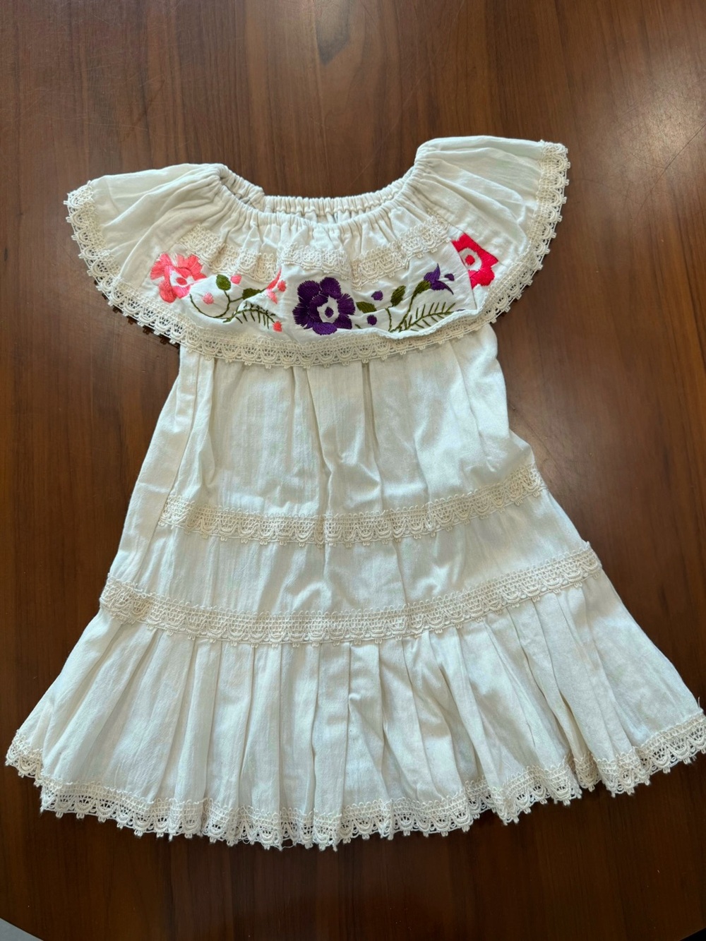NWOT Authentic Mexican White Embroidered Off-Shoulder Kids Dress